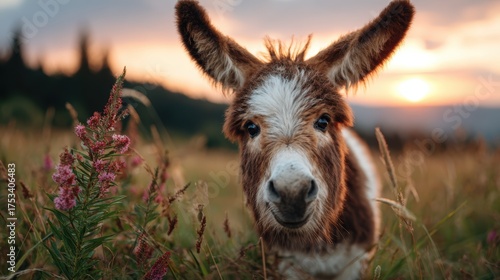 A charming donkey gazes curiously at the camera, framed by vibrant flowers in a picturesque landscape at sunset, capturing the essence of nature's beauty.