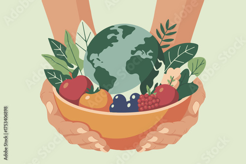 World Food Day Illustration with Hands Holding Earth and Fresh Vegetables, Sustainable Agriculture and Healthy Eating Concept