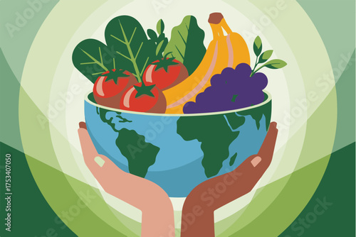 World Food Day Illustration with Hands Holding Earth and Fresh Vegetables, Sustainable Agriculture and Healthy Eating Concept
