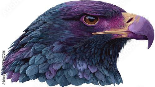 Majestic eagle head close-up illustration with vibrant purple and blue feathers, powerful raptor profile digital artwork