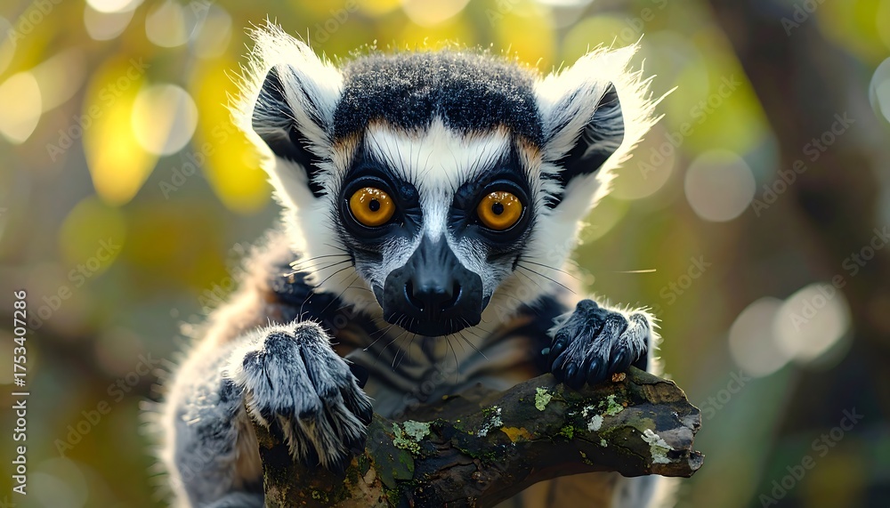 Naklejka premium A ring-tailed primate with striking orange eyes peers intently at the viewer, perched upon a tree branch in a sunlit forest