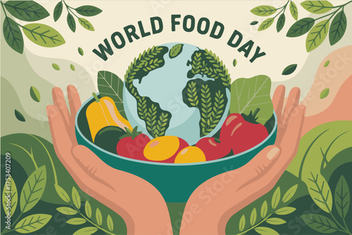 World Food Day Illustration with Hands Holding Earth and Fresh Vegetables, Sustainable Agriculture and Healthy Eating Concept