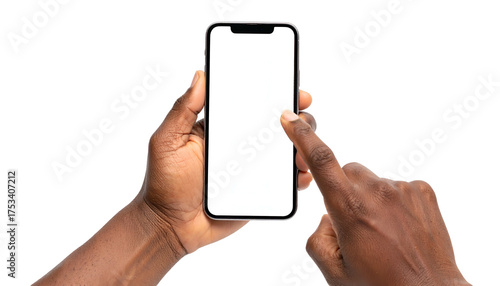 A dark-skinned person's hands holding and touching a blank-screen smartphone against a black background