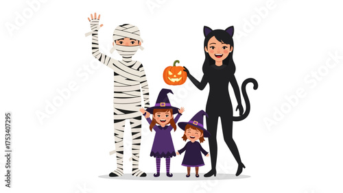 Halloween Family Fun: A delightful Halloween gathering of a family dressed up in festive costumes. A mummy, a cat, a witch and a jack-o'-lantern, spreading spooky smiles and creating magical memories.