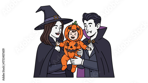 Halloween Family Portrait: A festive family dressed in Halloween costumes, sharing a joyous moment. The scene captures the spirit of Halloween with a witch, a vampire, and a baby in a pumpkin costume.