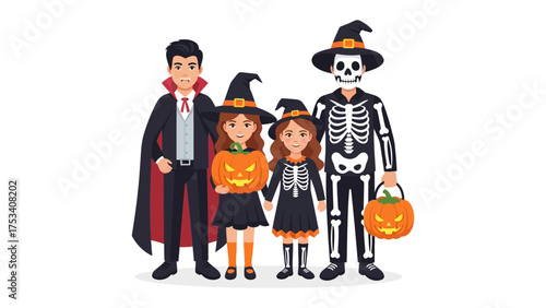 Halloween Family Costumes: A charming family, adorned in a variety of festive Halloween costumes, stands ready to celebrate the spirit of the season.