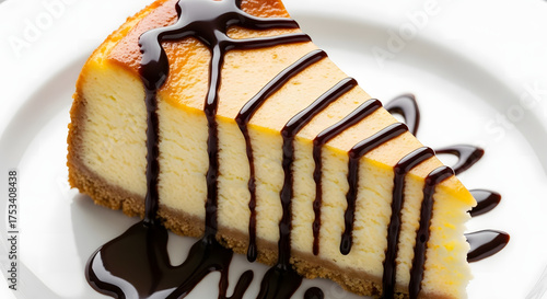delicious cheesecake slice drizzled chocolate syrup dessert