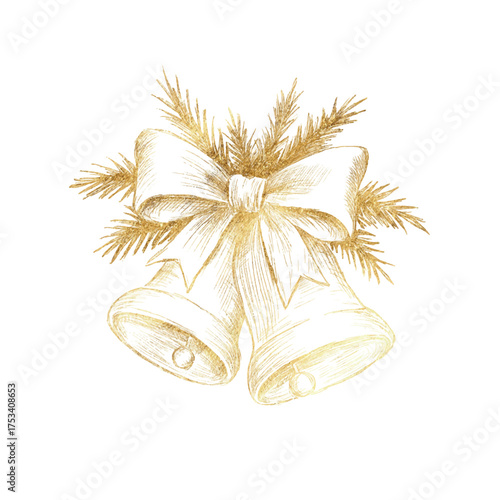 Vector freehand vintage golden Christmas bells with free branch scribble isolated. Texture of writing gold materials. Handwritten christmases doodles, pencil strokes. Hand drawn handbel