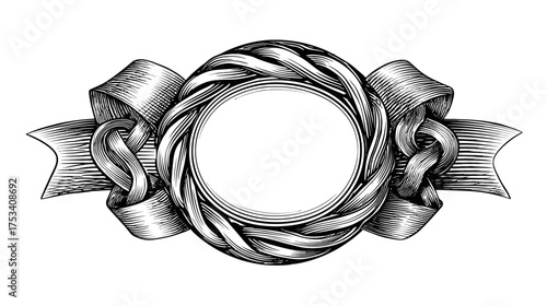 Elegant vintage hand drawn oval frame emblem with decorative braided rope border and flowing ribbons, antique monochrome sketch