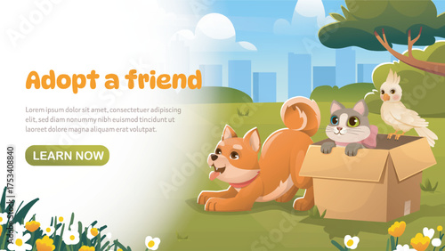 Adopt a friend animal campaign banner. Vector illustration