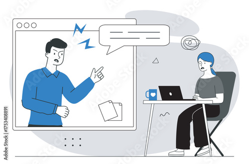 Online argument during video call meeting. Vector illustration