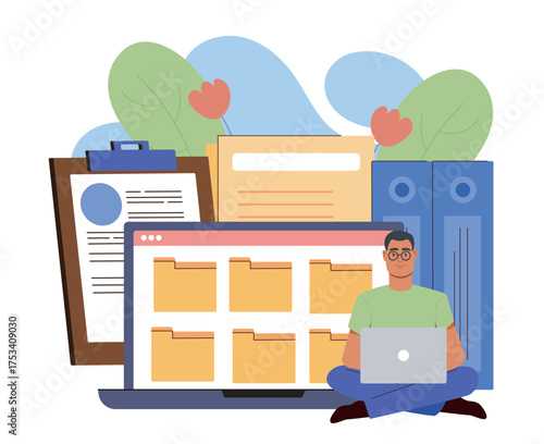 Man organizing digital folders online. Vector illustration