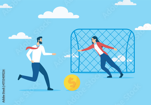 Businessman kicking coin toward goalpost. Vector illustration