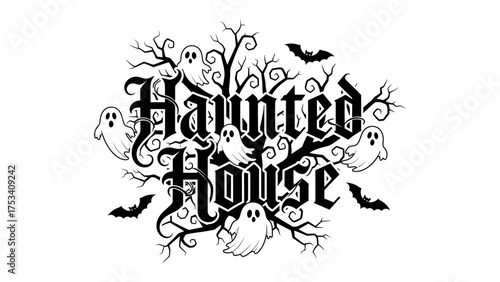 Spooky Haunted House: A chilling illustration of a haunted house, complete with eerie ghosts, bats, and haunting tree branches. evokes the essence of a spooky season.