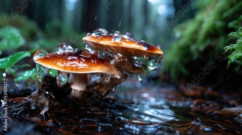 A close-up view of mushrooms glistening with raindrops surrounded by lush greenery, capturing the beauty of nature and the vibrant life found in forests after rainfall.