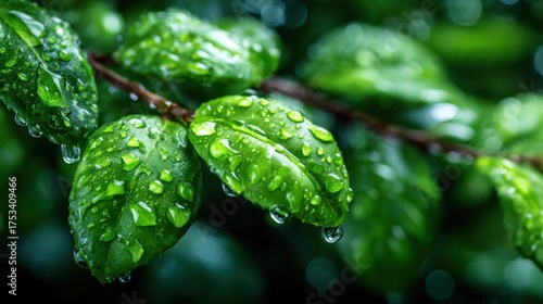 Close-up of lush green leaves adorned with glistening water droplets, symbolizing freshness and nature's beauty through an artistic macro perspective.