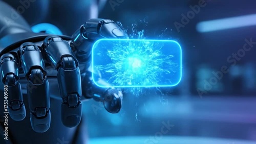 Wallpaper Mural Robot Hand Holding Glowing Blue Play Button Icon image Torontodigital.ca