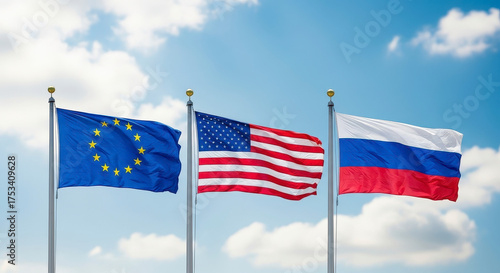 European Union United States and Russian Federation Flags Waving Together
