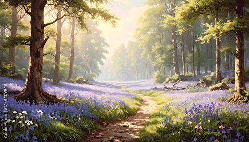 Fototapeta Naklejka Na Ścianę i Meble -  A sun-drenched forest path winds through vibrant bluebell meadows, leading towards a light-filled, hazy horizon amidst tall trees