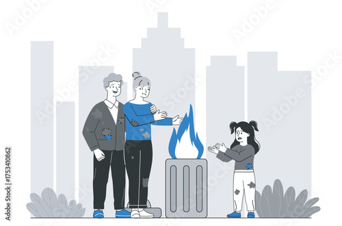Homeless family warming by fire barrel. Vector illustration