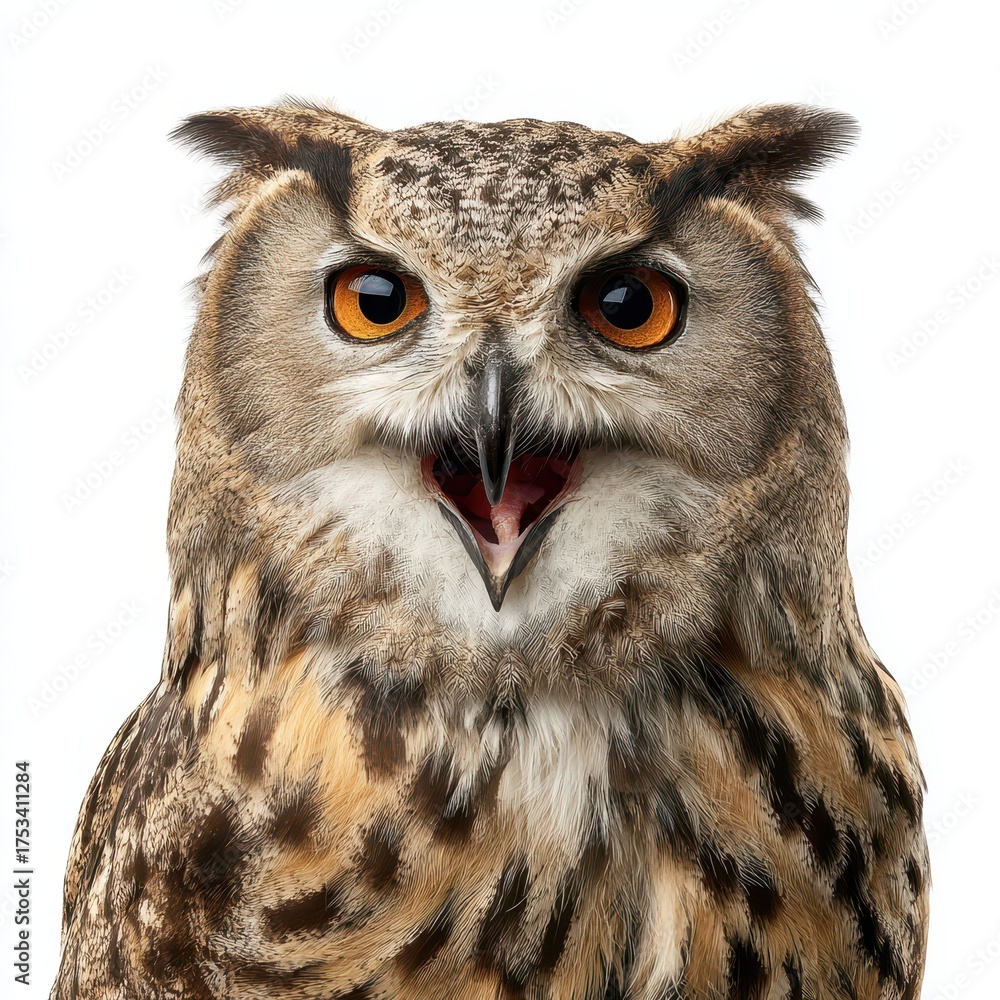 Fototapeta premium Owl With Mouth Open. Front View Portrait of Majestic Eagle Owl, Bird of Prey, Isolated on White Background