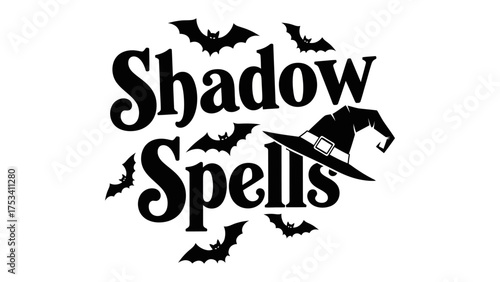 Shadow Spells: A stylized emblem of shadow spells features a witch hat and flying bats in silhouette, embodying the enchantment of witchcraft and Halloween.