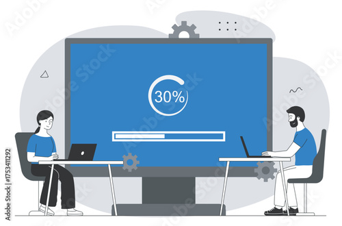 Teamwork during software update process. Vector illustration