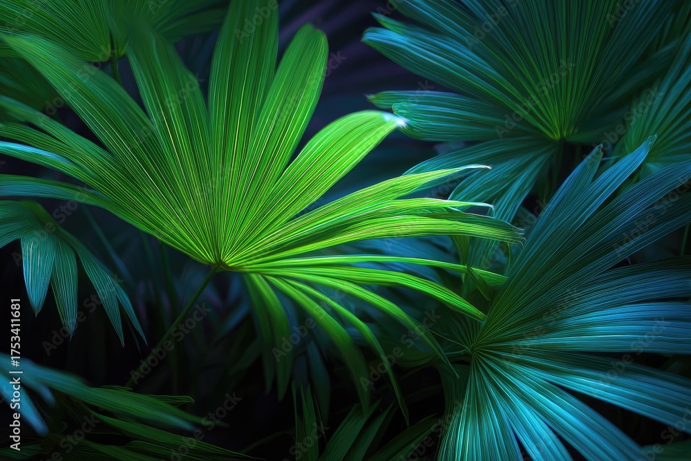 Fototapeta premium Close-up of vibrant green and blue palm leaves against a dark background, emphasizing texture and light