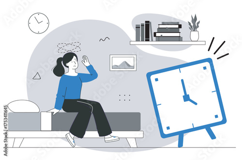 Tired woman waking up to alarm clock. Vector illustration
