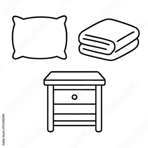 Simple line art objects representing bedroom furniture and comfort items including a pillow towels and a nightstand for easy design needs