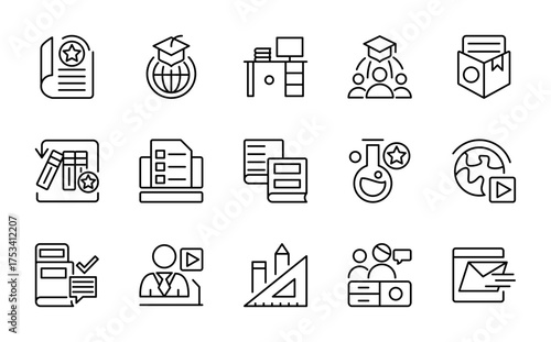 E-Learning line icon set. Education, group students, teaching, online lesson, video, conference, classrooms, distance learning, webinar, knowledge, study line icon set. Ui thin line icon pack.