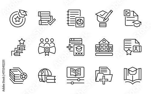 E-Learning line icon set. Education, group students, teaching, online lesson, video, conference, classrooms, distance learning, webinar, knowledge, study line icon set. Ui thin line icon pack.