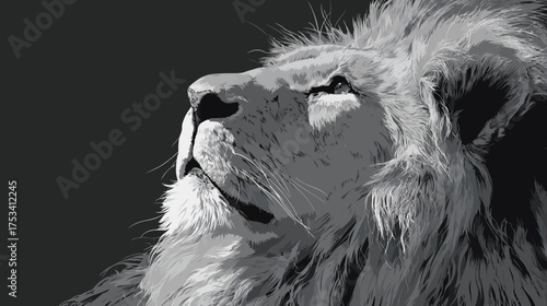 Powerful Lion Head Portrait in Black and White, Majestic Gaze Upwards, Symbol of Strength, Regal African Wildlife