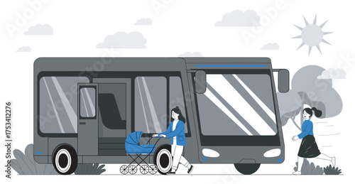 Woman pushing stroller near bus stop. Vector illustration