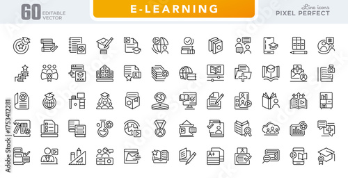 E-Learning line icon set. Education, group students, teaching, online lesson, video, conference, classrooms, distance learning, webinar, knowledge, study line icon set. Ui thin line icon pack.