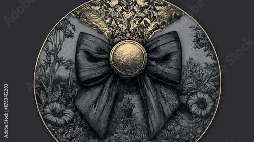 Elegant Vintage Black Bow with Golden Button and Engraved Botanical Ornamentation in a Round Frame, Dark Floral Illustration