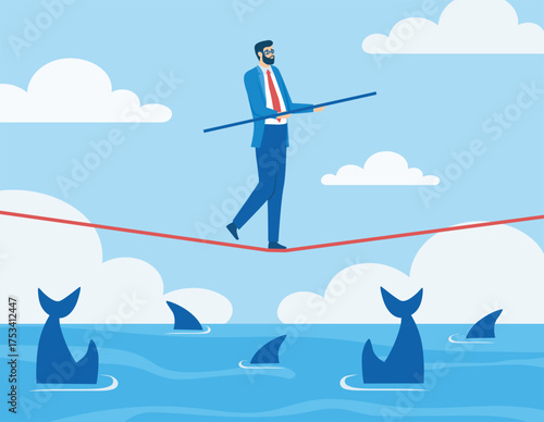 Businessman walking tightrope over sharks. Vector illustration