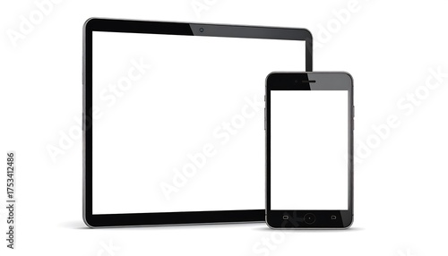 A realistic digital illustration shows a tablet computer and a mobile phone side by side, both with blank white screens. Shadows are present