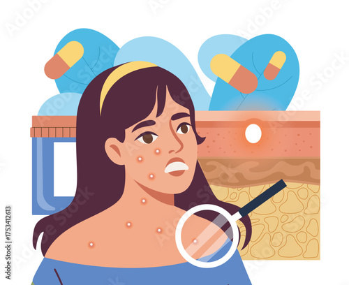 Girl with acne and skin inflammation issue. Vector illustration