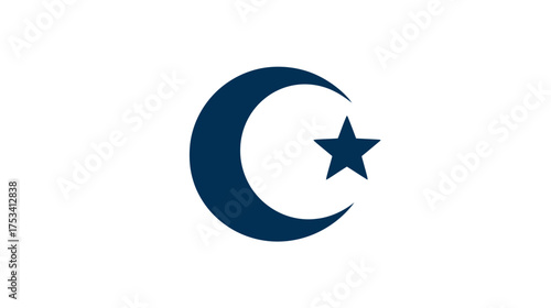 Abstract dark blue crescent moon and star symbol on a clean white background, representing faith, spirituality, and culture.