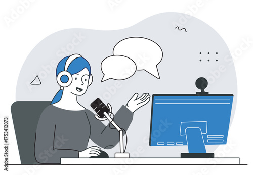 Woman podcasting with microphone setup. Vector illustration