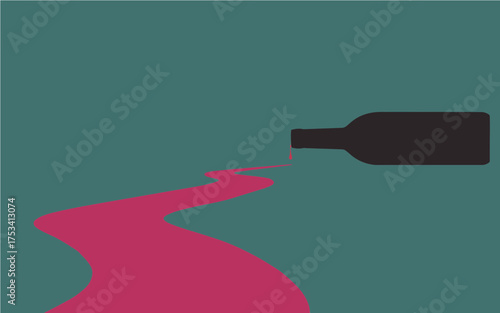 At sunrise  outdoors a wine glass and wine bottle are tipped over and wine is flowing on the ground around them in a vector.