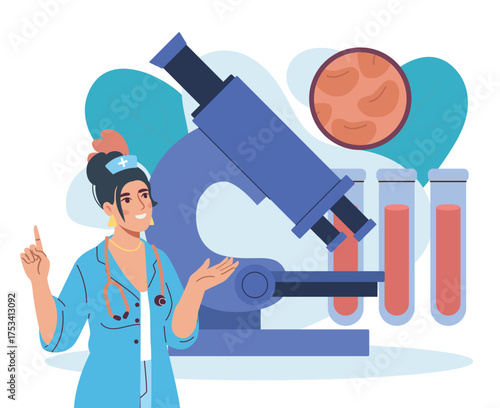 Nurse with microscope and test tubes. Vector illustration