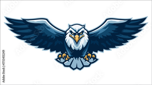 Powerful aggressive flying eagle mascot illustration with majestic spread wings. Stylized raptor bird of prey emblem.