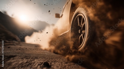 An extreme close-up of an off-road SUV tire spinning on a dirt road at sunset, creating a powerful spray of dust and rocks
