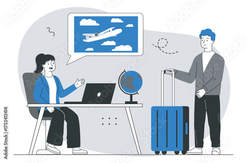 Travel agent planning vacation trip. Vector illustration