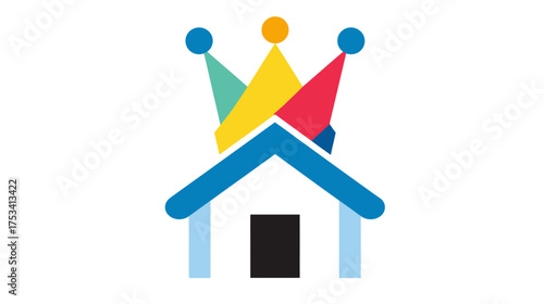 Abstract colorful crown on top of a simple house icon. Concept for real estate, home ownership, royalty, success, or premium property.