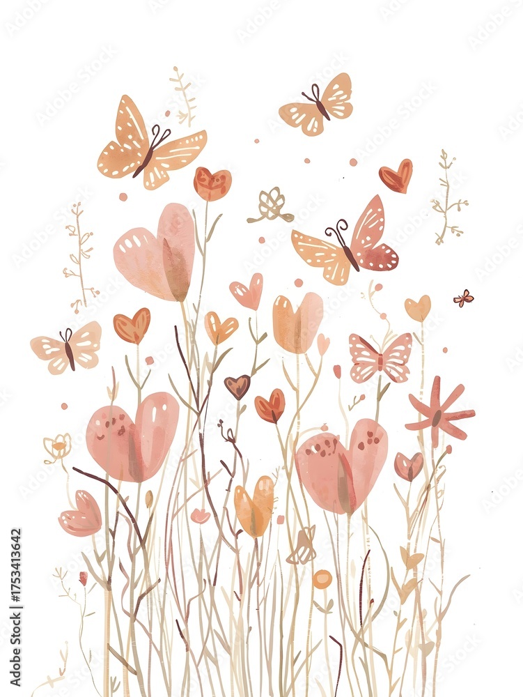 Fototapeta premium Naive drawing of flowers and hearts mixed together like a child’s doodle with loose lines and joyful playful energy on white background