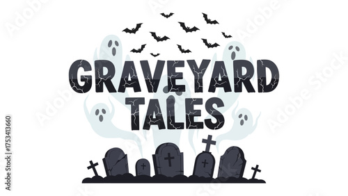 Graveyard Tales: An ethereal scene of a ghostly graveyard under a sky filled with bats, a perfect visual to evoke the mystery and stories of the Halloween season.