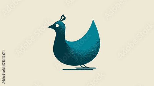 Simple stylized peacock illustration in teal blue. Modern graphic design of a cute peafowl bird character.